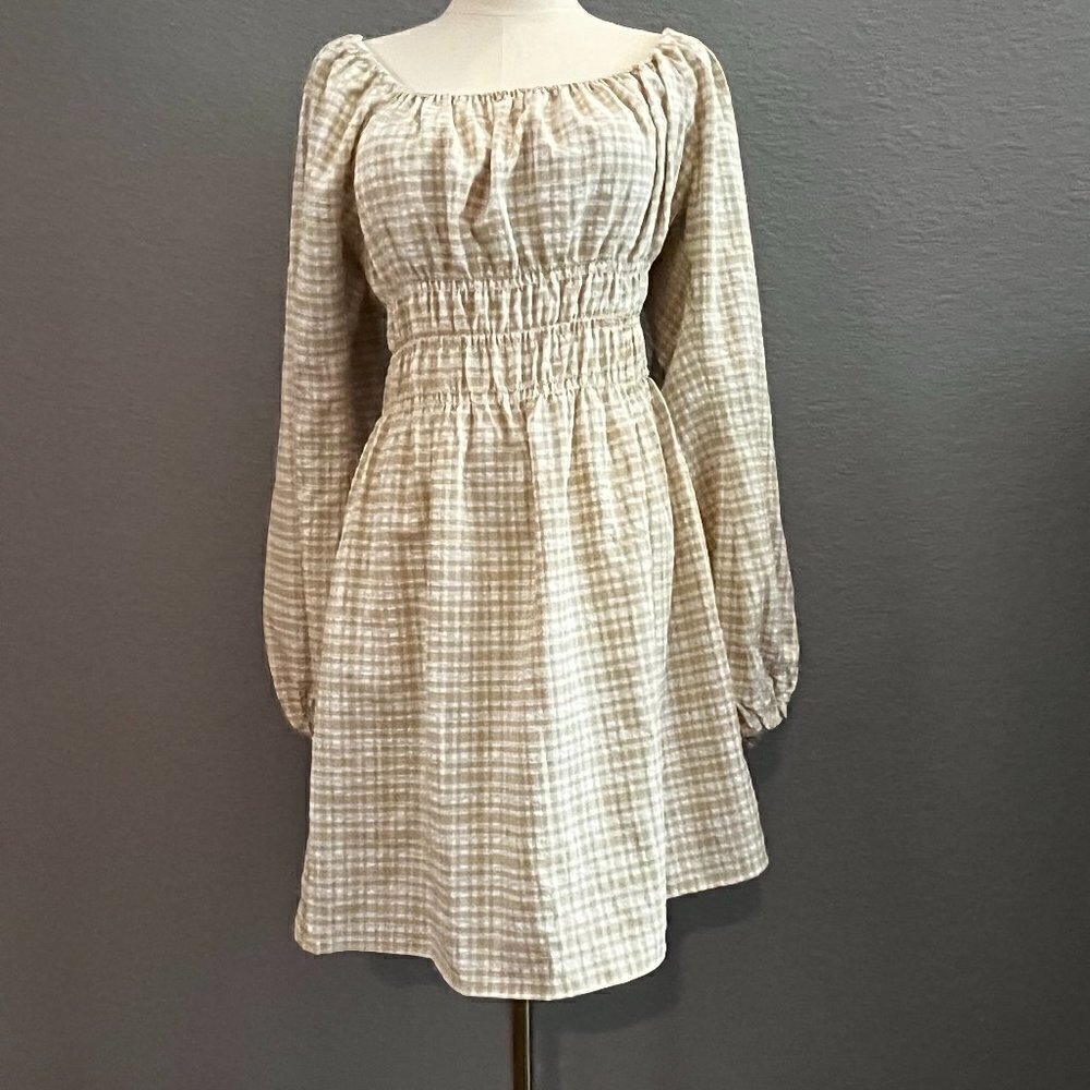 LEYDEN Smocked Boho Mini Peasant Prairie Beige & White Plaid Dress - NWT - L